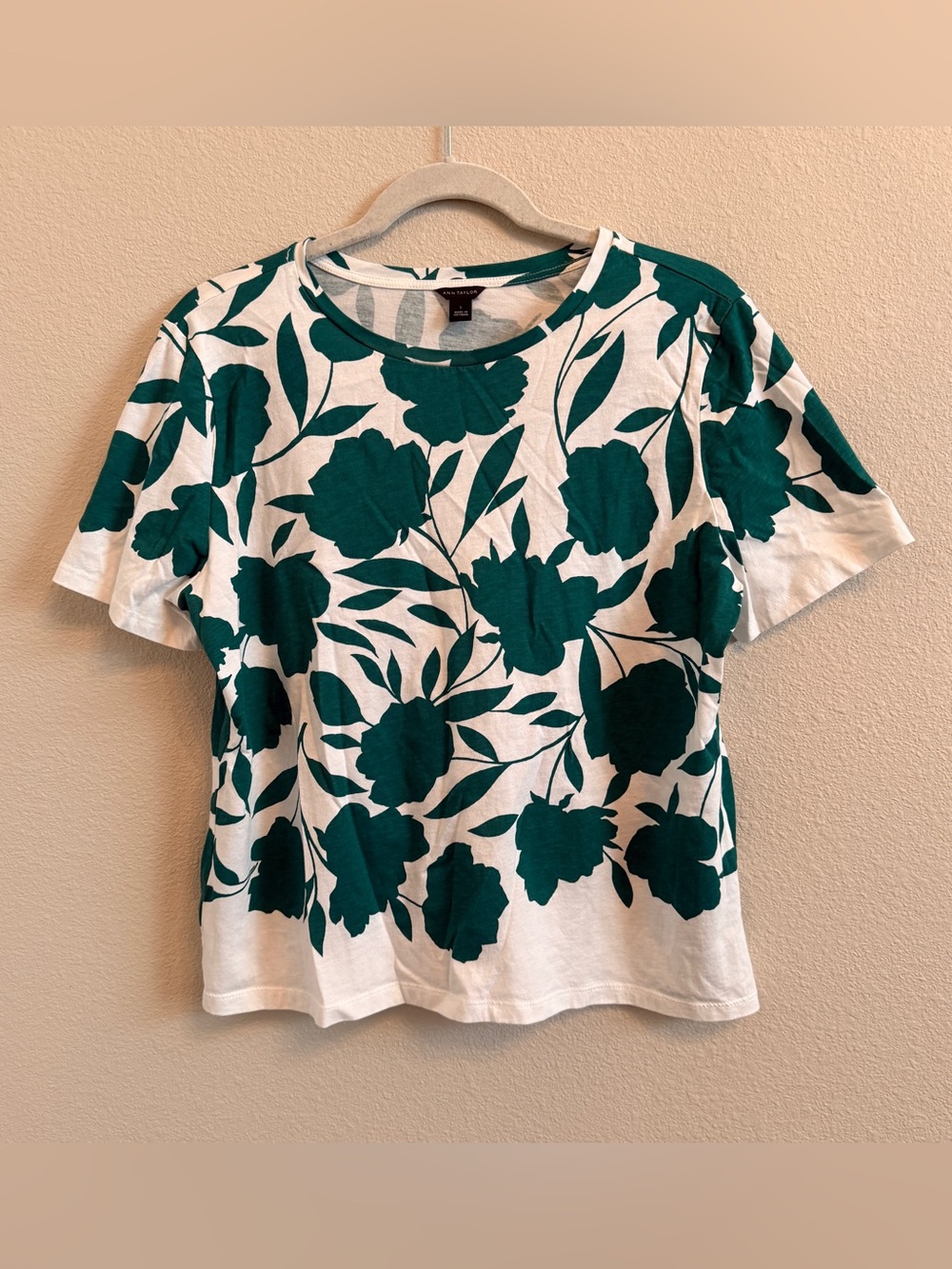 Ann Taylor White Tee with Green Floral Print